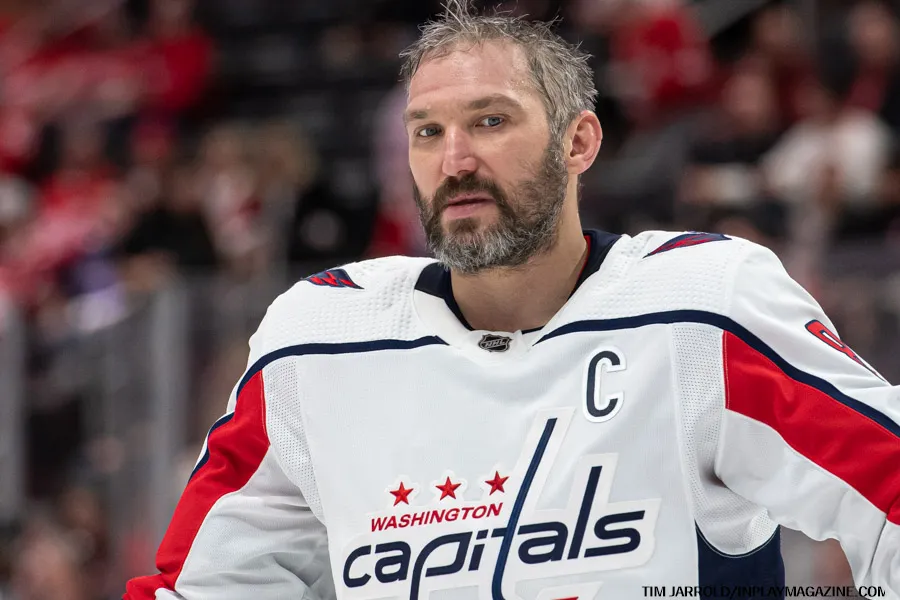Close-up of Ovechkin pointing toward the net after converting a shot during a regular season game