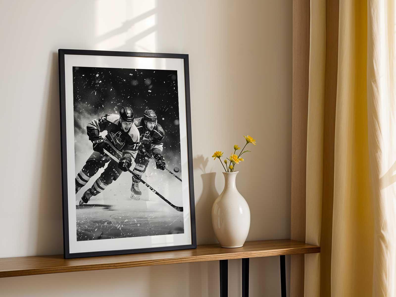 Wide view of arena floodlights casting cool beams across textured ice, highlighting ruts and skate marks