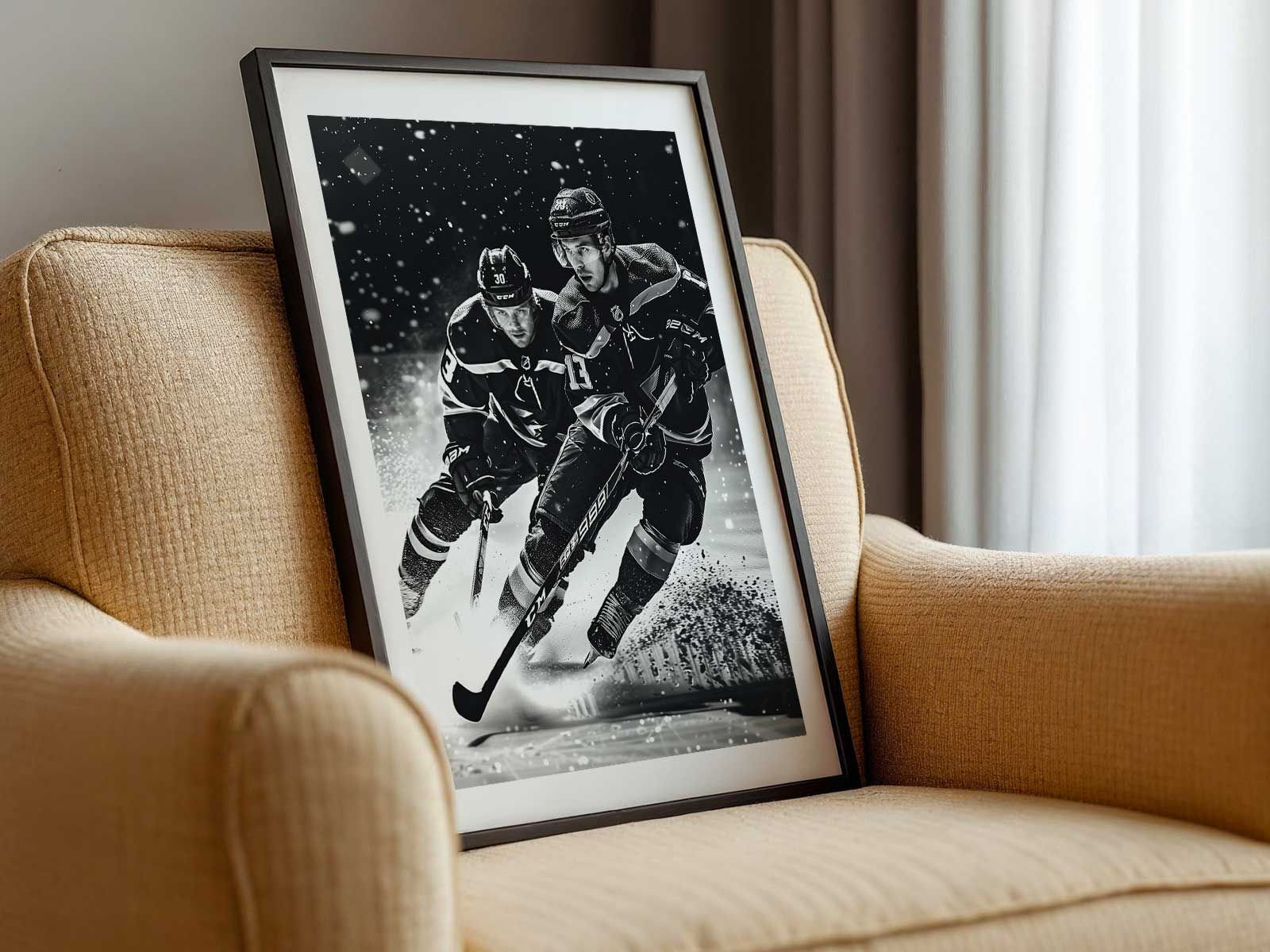 Illustrated arena scene from a retro hockey poster conveying smoky lighting and packed stands