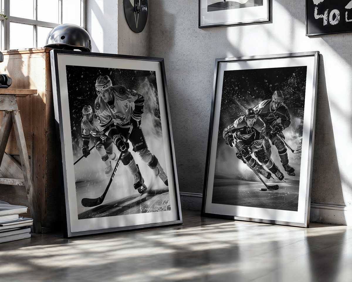Silhouette of a hockey player gliding across glossy ice with bright arena lights reflecting beneath him