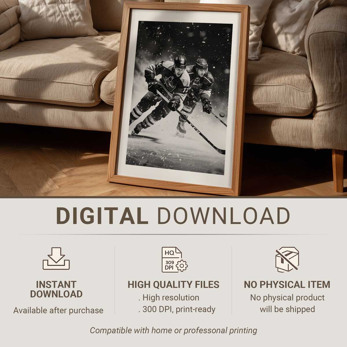 Close-up of a hockey poster showing glossy ice reflections and light streaks across a rink surface