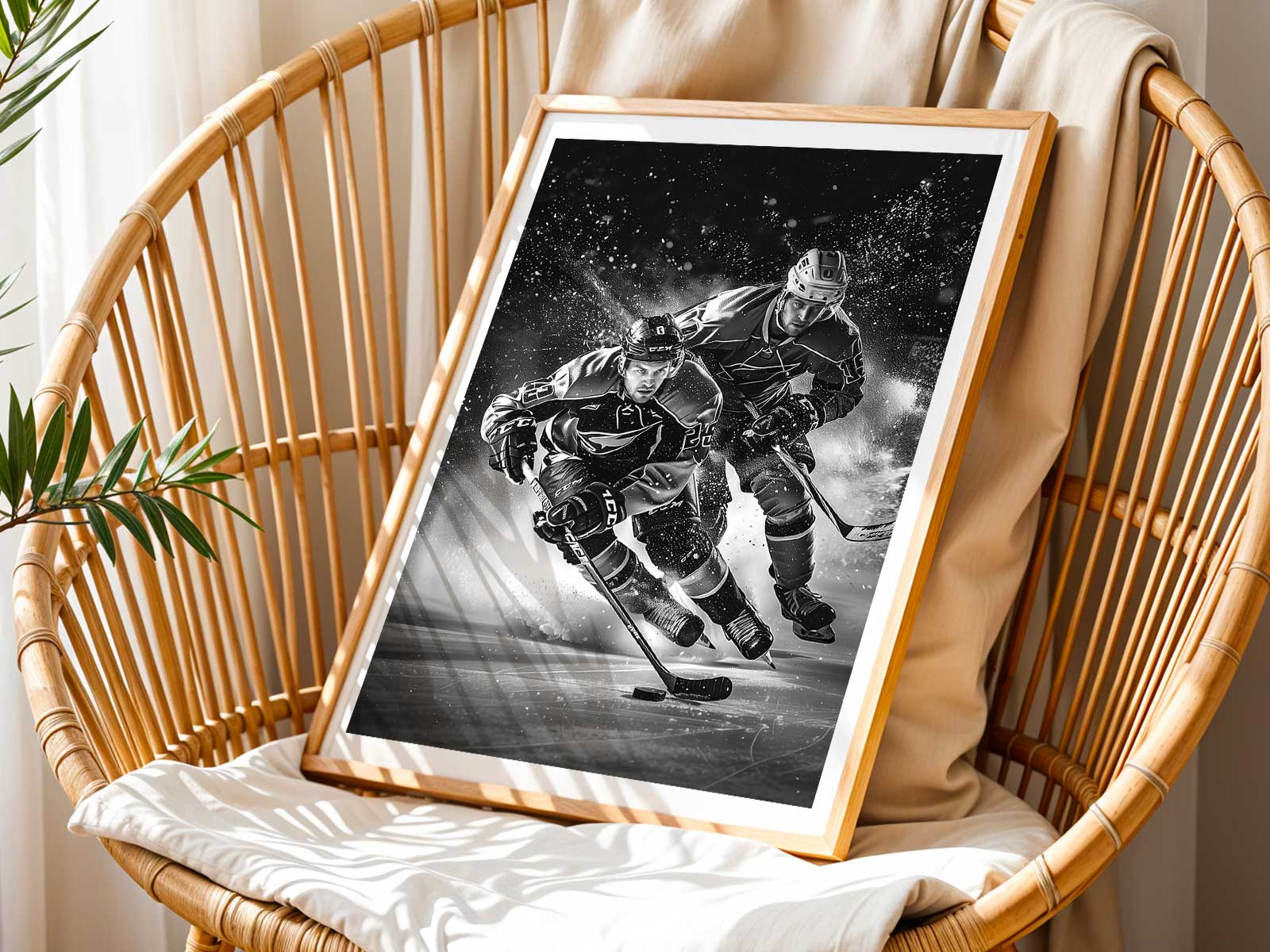 Hockey poster emphasizing contrast lines and directional motion that guide visual flow across the wall
