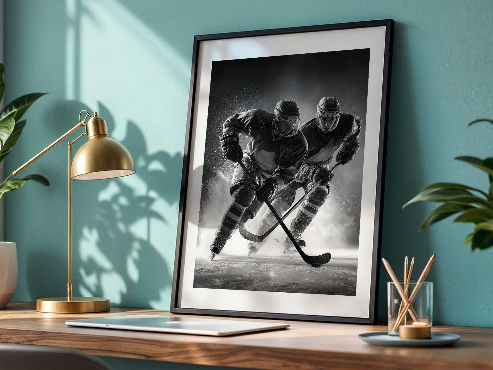 Two contrasting hockey jerseys hung side by side creating bold shapes and color blocks
