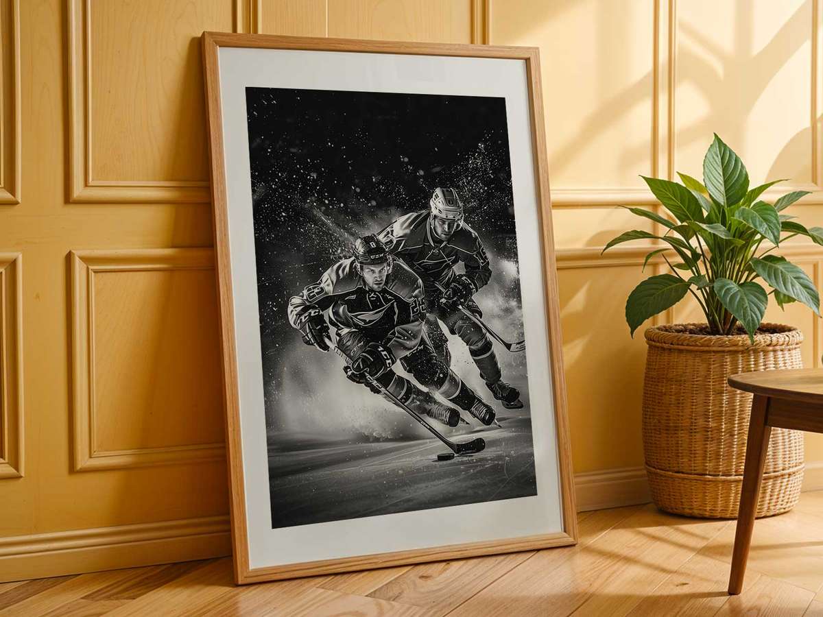 Artistic view of Decoding the Visual Value of a Vintage Hockey showing ice-rink action and fast skating detail inspired by palette for locker room decor