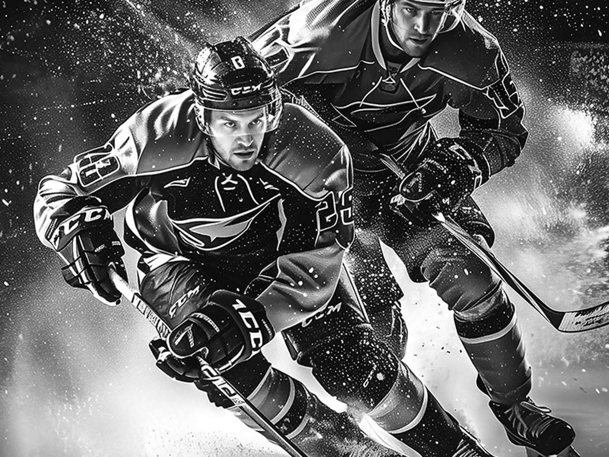 Retro hockey crest and classic graphic elements printed on a worn poster