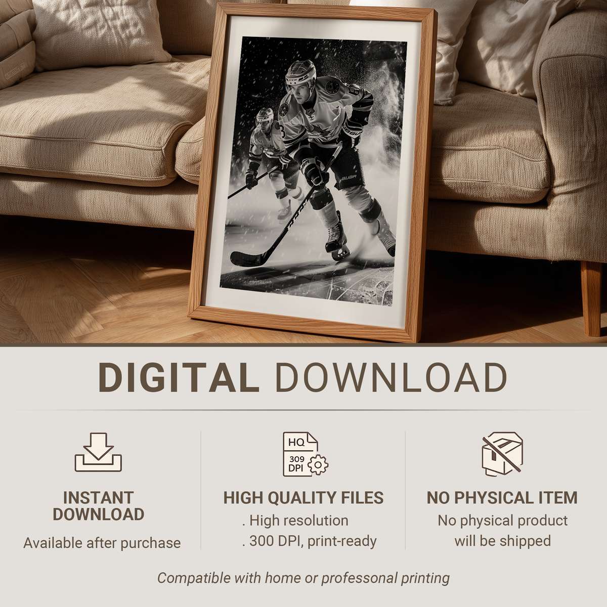 Silhouetted hockey player skating powerfully across a textured rink backdrop, emphasizing motion lines and puck trajectory.