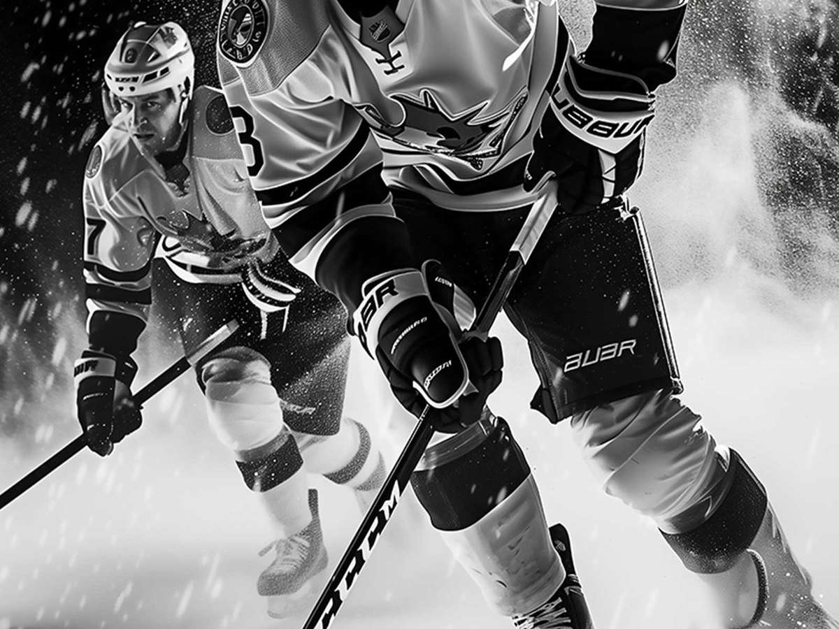 Close-up portrait of a goalie mask with bold graphic details and dramatic lighting