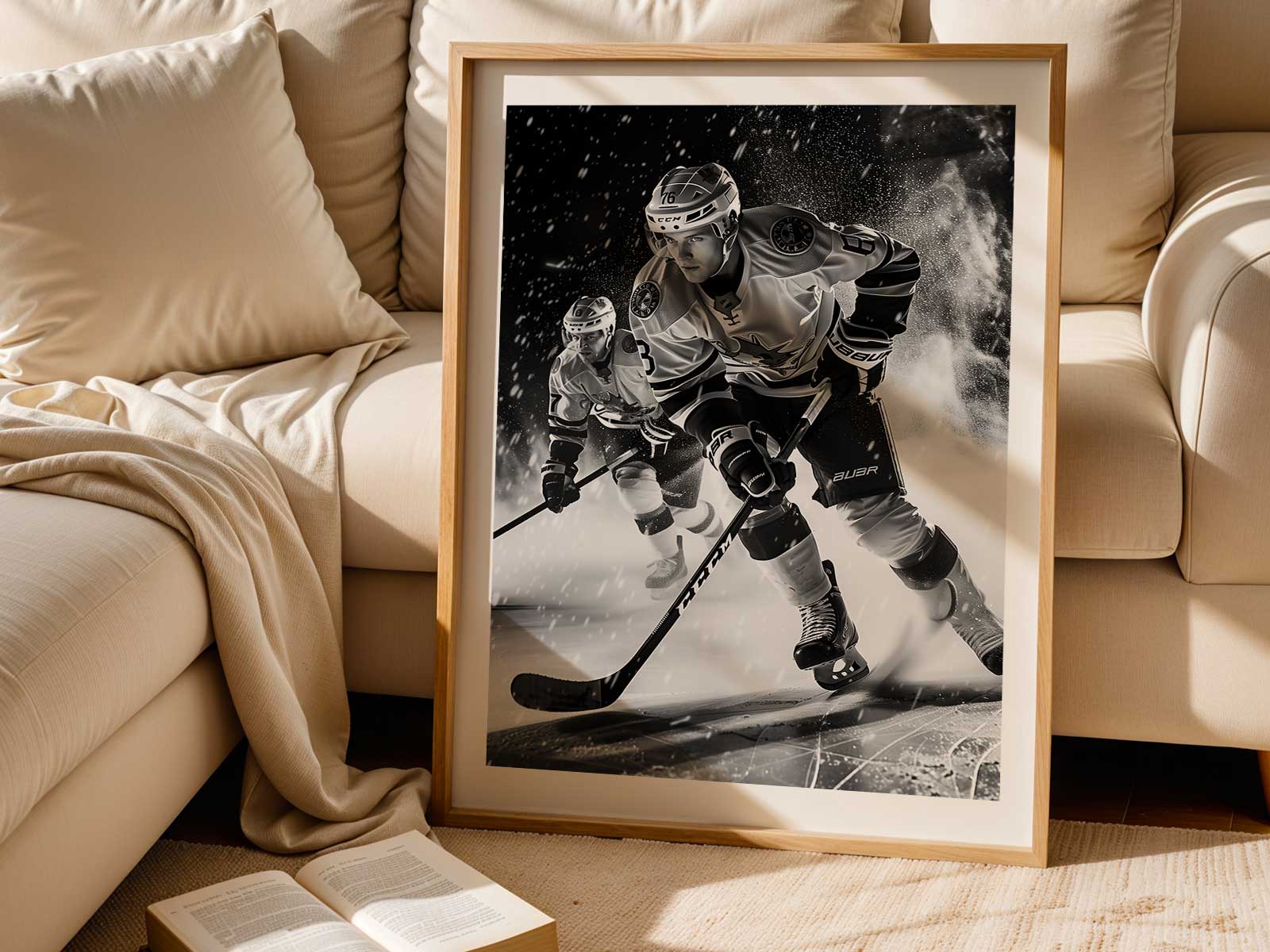 Poster mockup showing a hallway with a hockey balloons print providing a welcoming, celebratory sports atmosphere