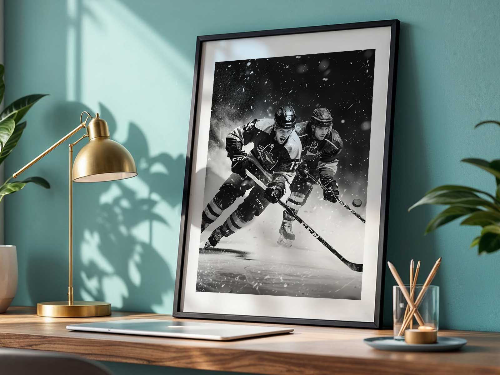 Hockey poster with frosted-edge lighting effects and subtle glow mimicking ice sheen across the print