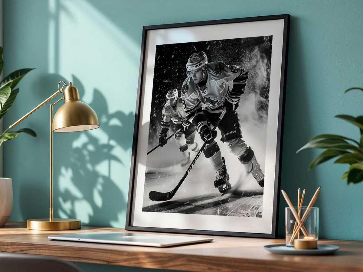 Bold goalie mask motif redesigned from a party topper into a large-format wall image with textured paint and icy color…