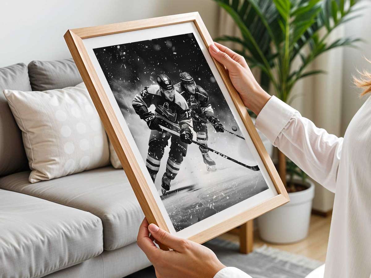 Goalie diving in mid-air to block a shot, body stretched against a backdrop of scattered ice shavings