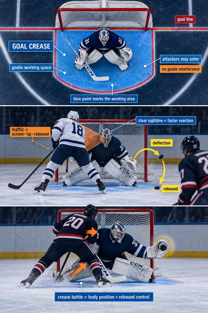 Overhead view of the hockey crease markings and the goal line showing the defined working area