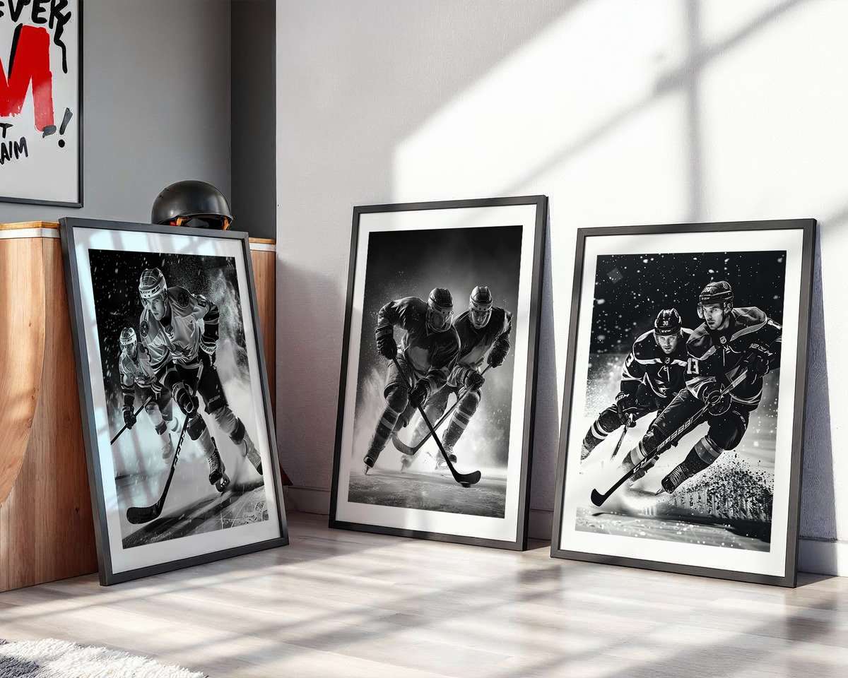 Close-up of a Personalised Hockey Puck hockey poster displayed as framed NHL-inspired wall art
