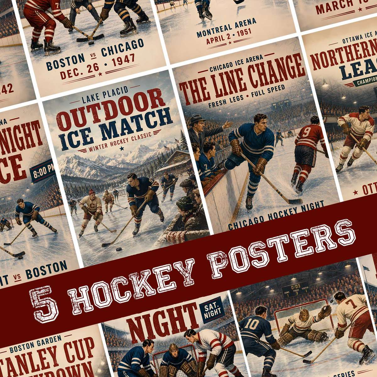 Cool hockey posters - Vintage 5-Poster Collection of Classic North American… hockey poster displayed as framed NHL-inspired wall art