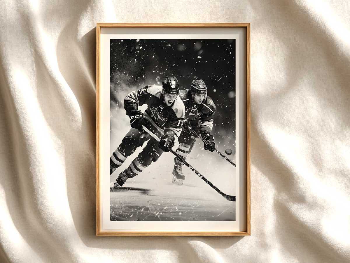 Player Exploding Off the Faceoff — Dynamic Hockey Wall Art hockey poster displayed as framed NHL-inspired wall art