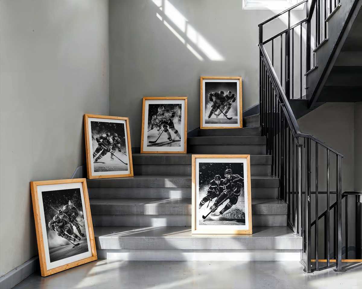 Puck in Motion Wall Art hockey poster displayed as framed NHL-inspired wall art
