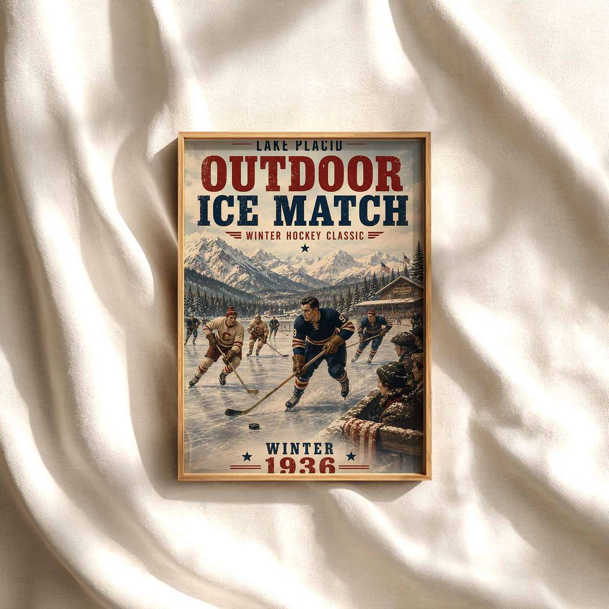 Lake placid poster - Vintage 1936 Winter Hockey Classic Outdoor Ice Match. lake… hockey poster displayed as framed NHL-inspired wall art