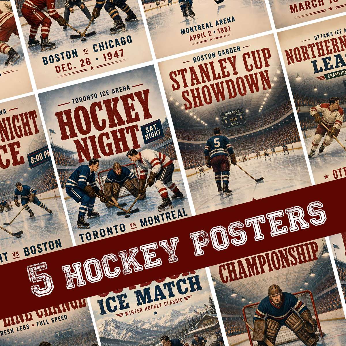 Old Hockey Posters – Blackhawks Chicago, New York Rangers, Detroit Red Wings… hockey poster displayed as framed NHL-inspired wall art