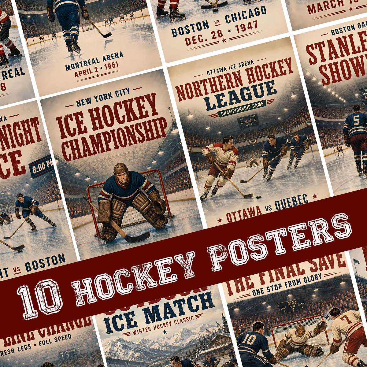 Sports posters hockey - Vintage 10-Poster Collection of North American Ice… hockey poster displayed as framed NHL-inspired wall art