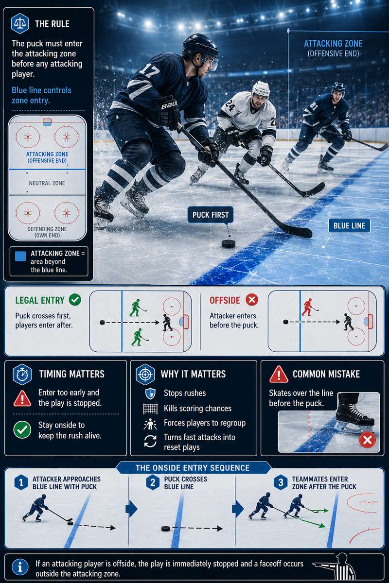 Sequence graphic of a forward timing an entry to cross the blue line after the puck, demonstrating onside timing