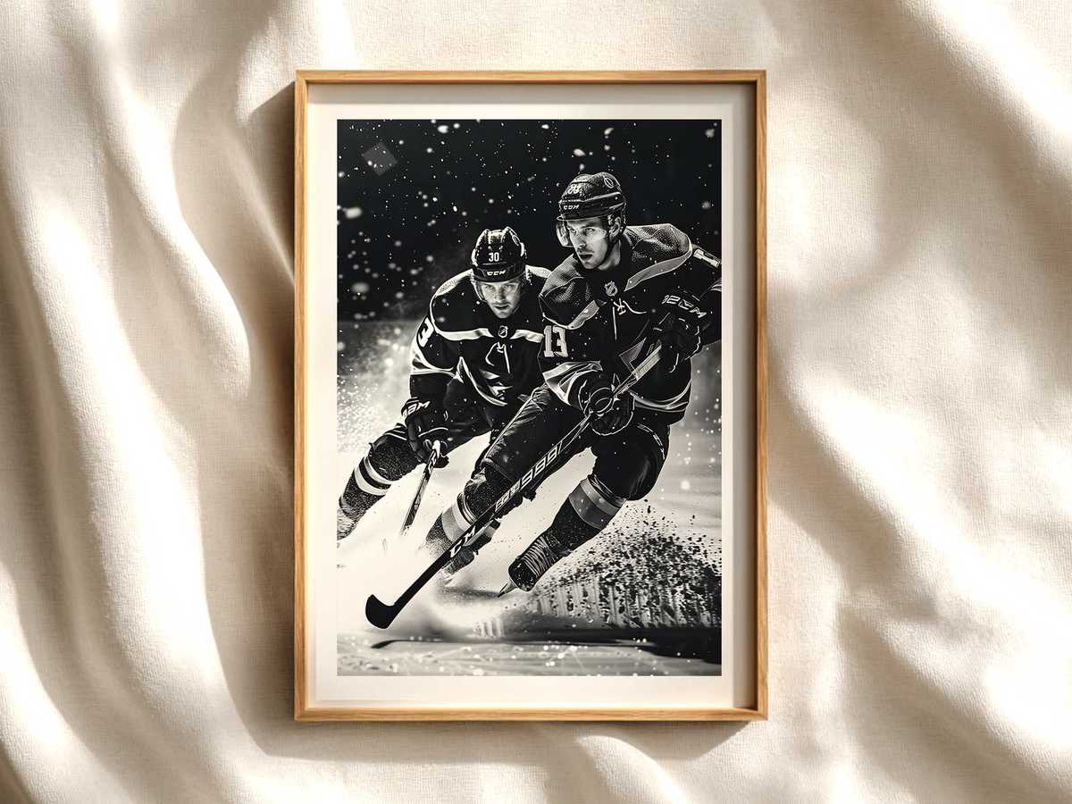 Hockey Stick Silhouette on Ice hockey poster displayed as framed NHL-inspired wall art