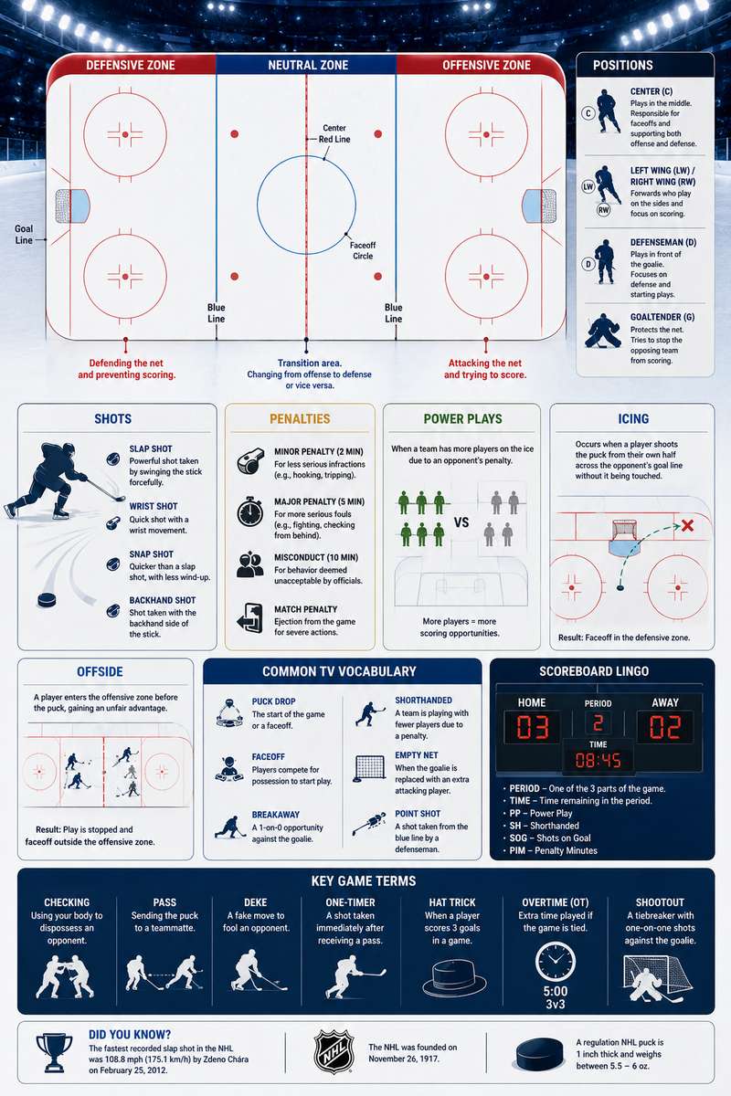 Illustration of player positions on ice with goalie, defensemen and forwards labeled by typical placement