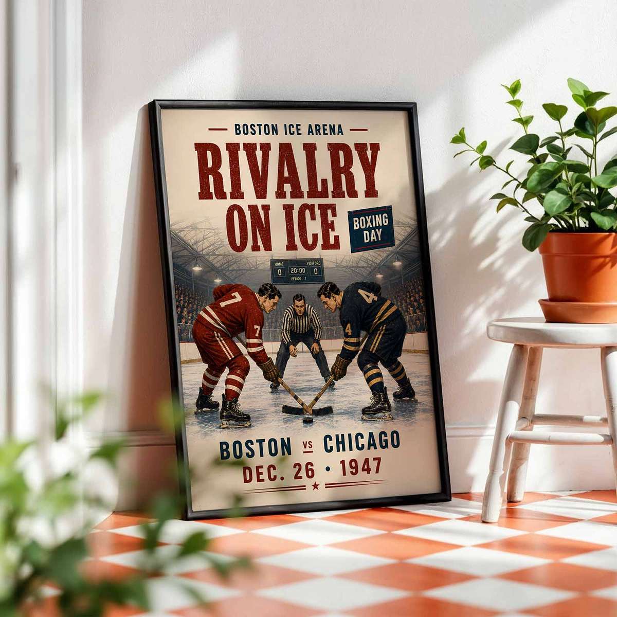 Vintage wall art centered on Ice hockey - Vintage 1947 Boston vs Chicago Boxing Day Match. boston with a bold atmosphere