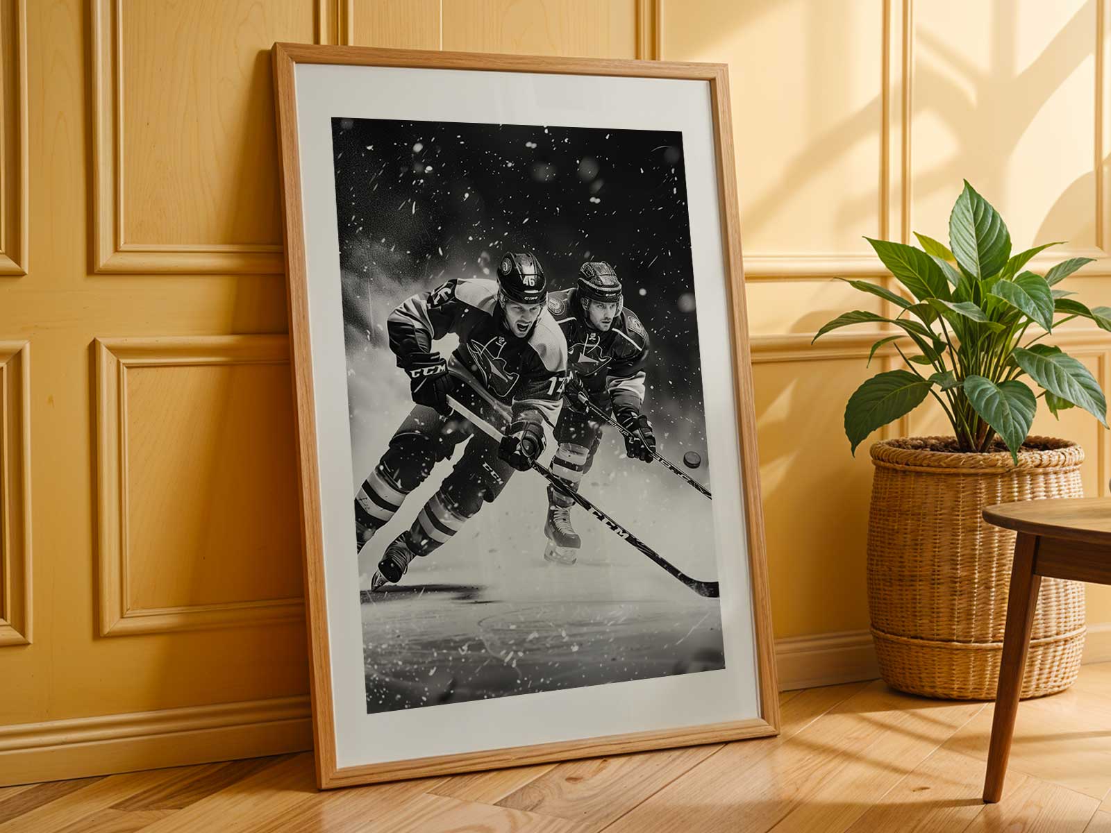 Hockey poster showing subtle ice reflections that brighten a bedroom wall without overpowering the space