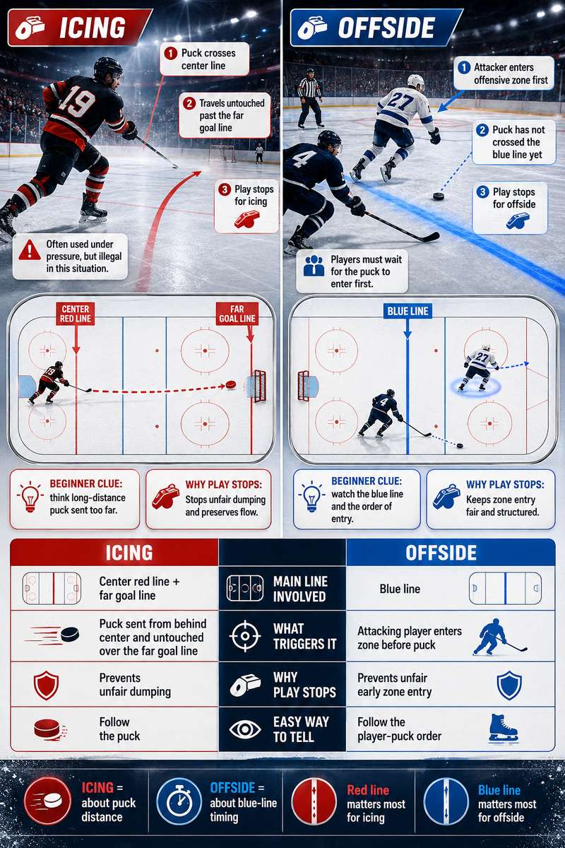 Three-player sequence entering the offensive zone with a blue line overlay illustrating offside position