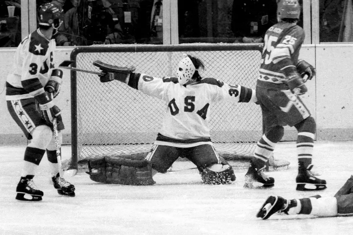 United States players celebrating after scoring against the Soviet Union during the Miracle on Ice game