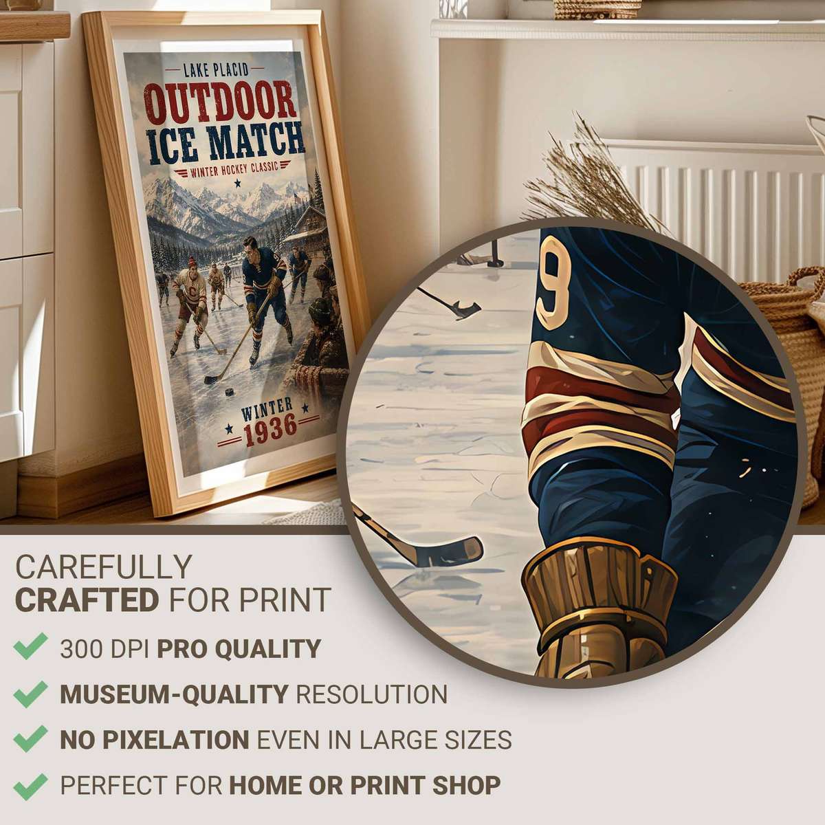 Gallery-style Lake placid - Vintage 1936 Winter Hockey Classic Outdoor Ice Match. lake artwork with vintage details for game room decor