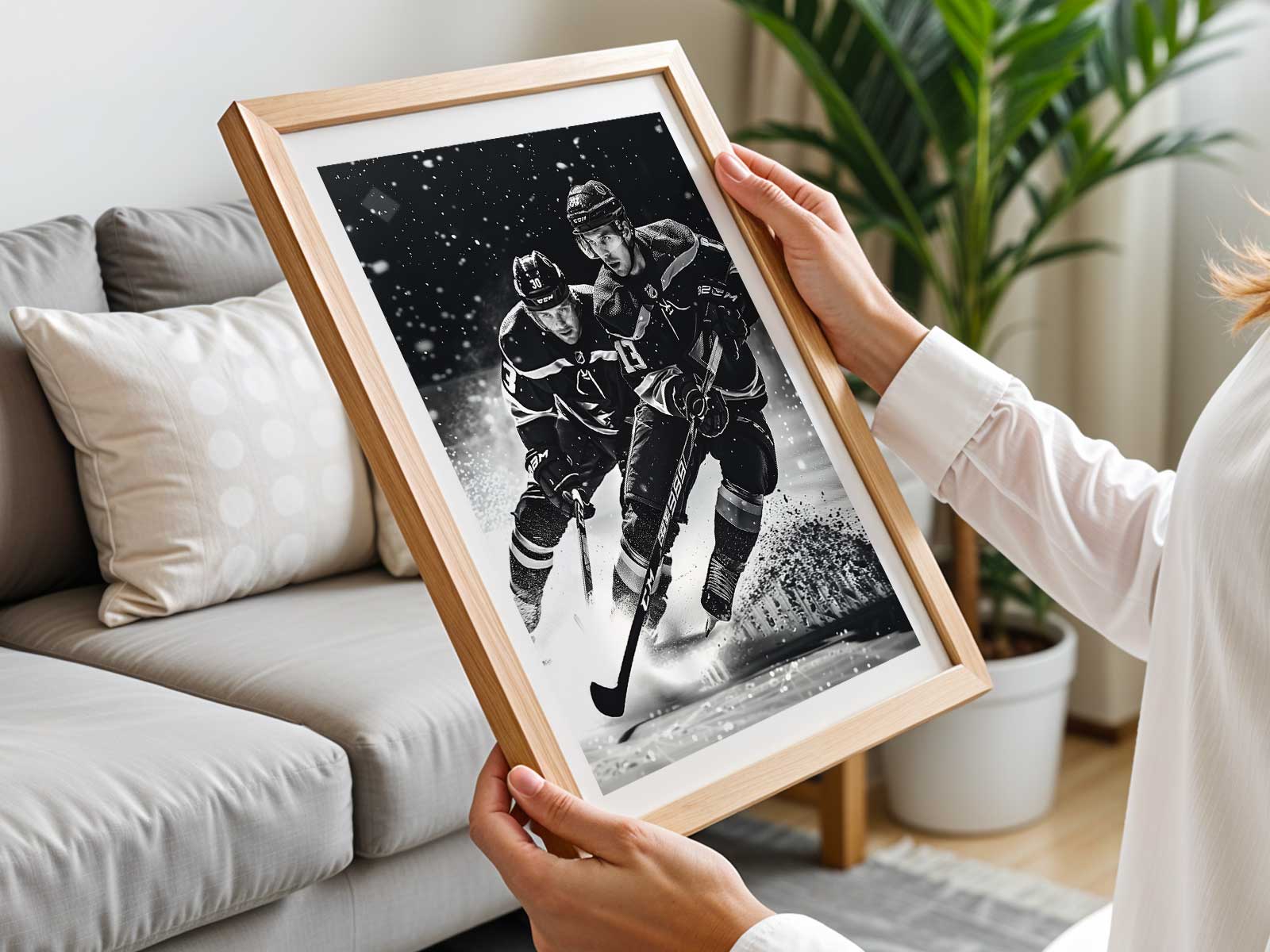 Minimalist hockey poster with gentle ice glow and restrained color palette for a calm bedroom vibe