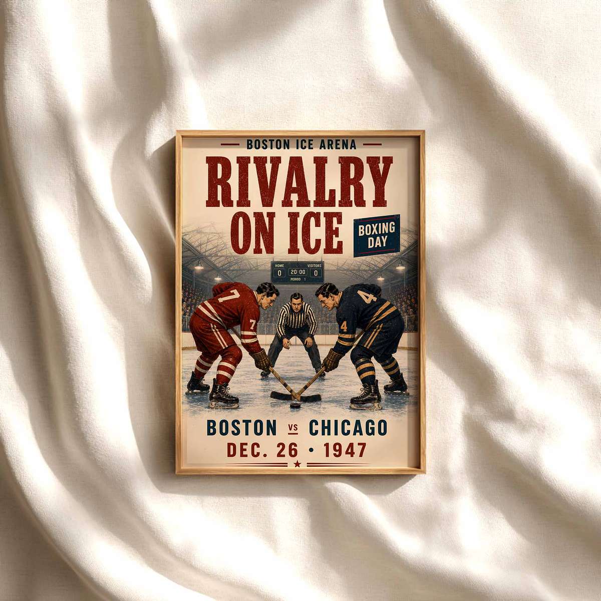 Ice hockey poster - Vintage 1947 Boston vs Chicago Boxing Day Match. boston… hockey poster displayed as framed NHL-inspired wall art