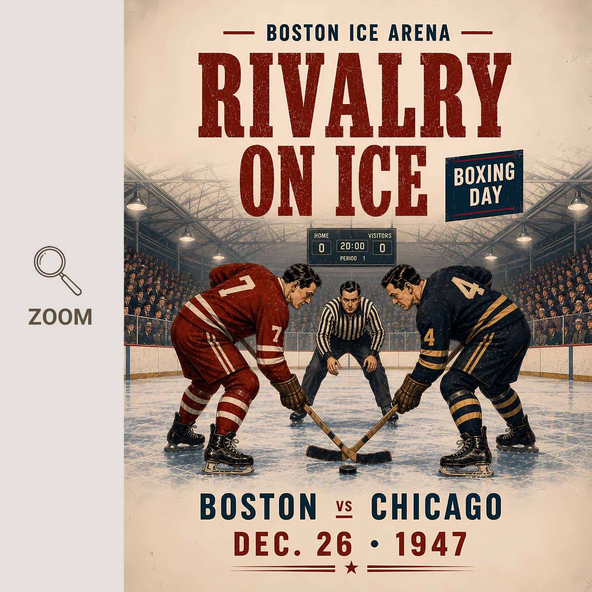 Old Hockey composition styled as poster and featuring hockey equipment detail and game-night atmosphere inspired by blackhawks chicago with English typography