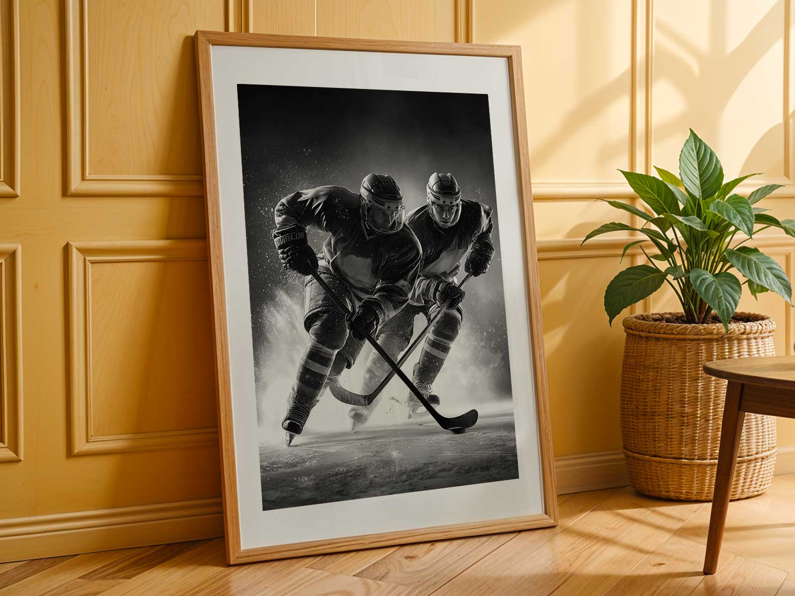 Minimalist poster of a personalised hockey puck balanced against a hockey stick on a neutral background
