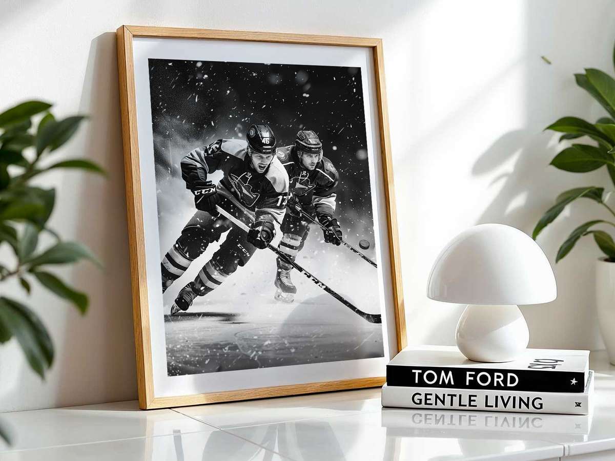 Low-angle view of a puck mid-flight with motion streaks and focused shadow on the ice
