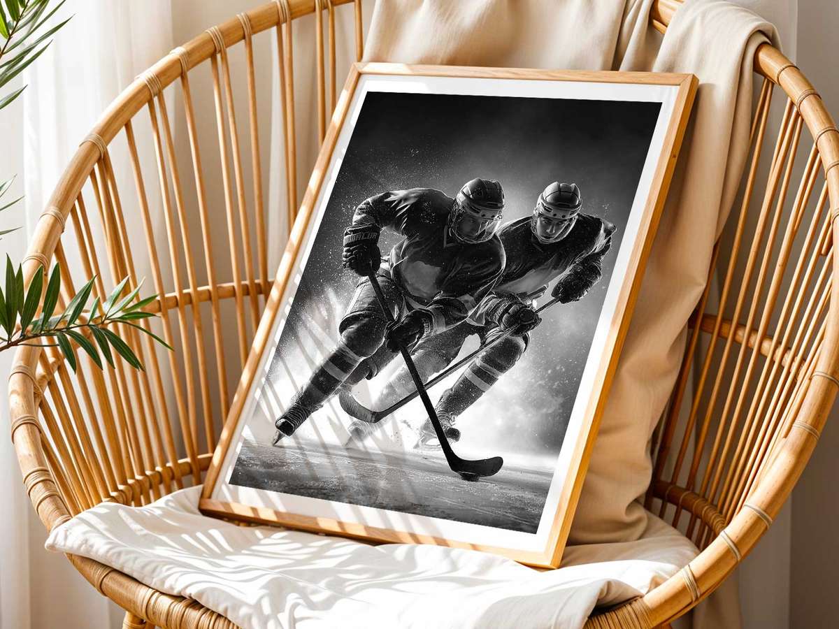 Puck frozen in midair above the ice with sharp shadow and shallow depth of field to emphasize momentary tension and focus