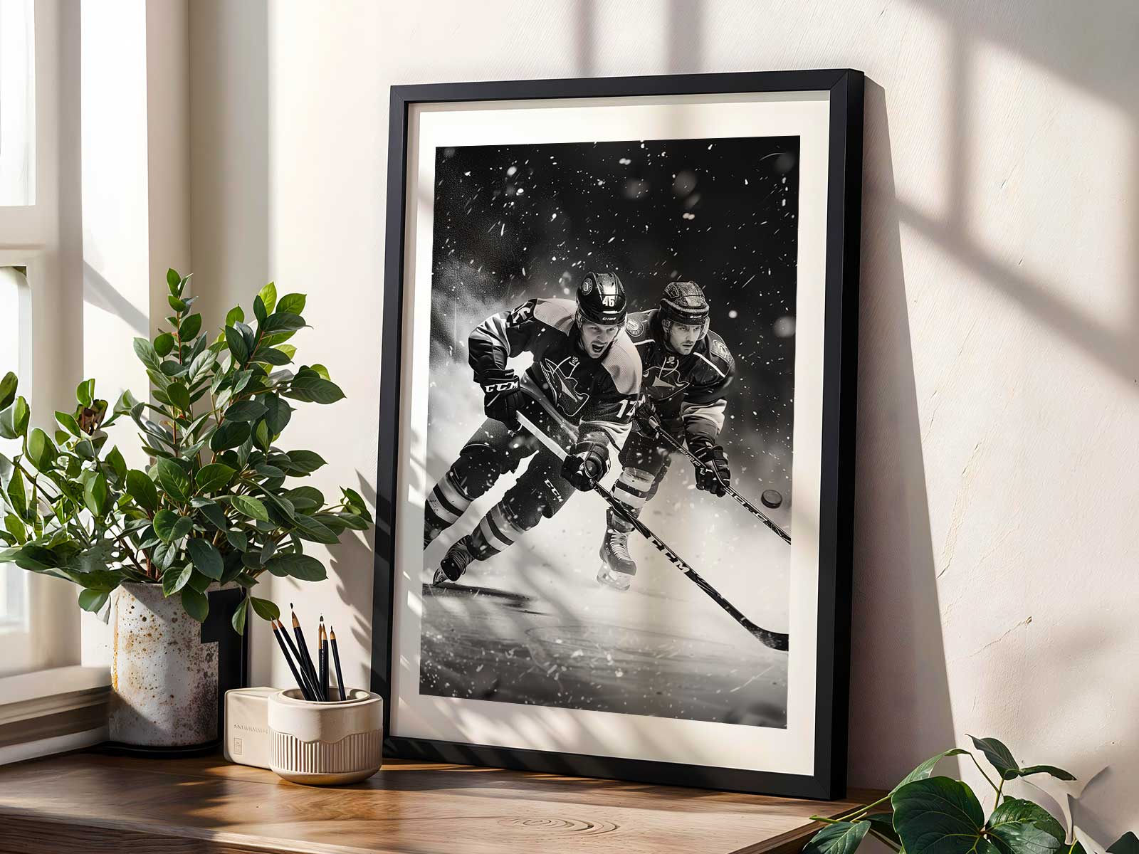 Personalised hockey puck integrated into a styled room shot showing how wall art shapes identity and atmosphere
