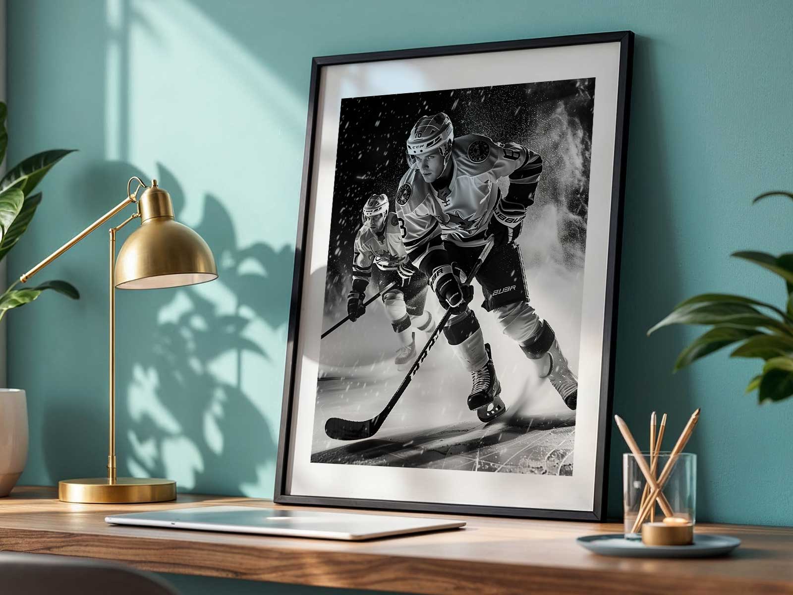 Silhouetted goalie against a warm, dramatic background creating a minimalist composition