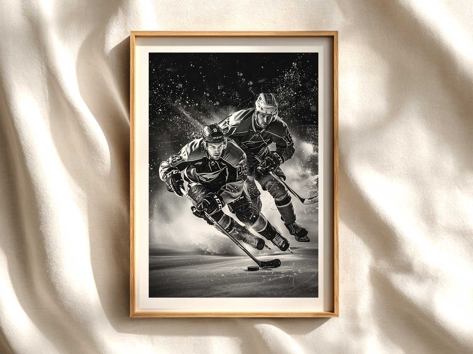 Silhouetted players colliding mid-check, bodies tense and edges sharp against a bright ice background