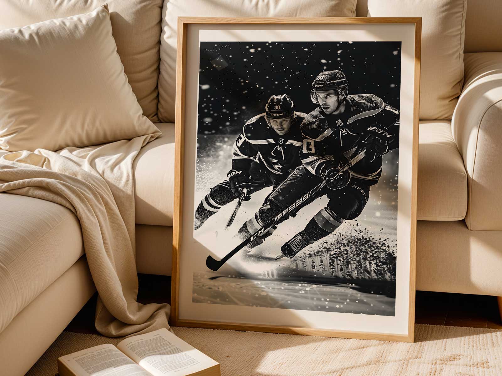 Silhouette of a skater cutting across the rink with motion trails in Avalanche colors