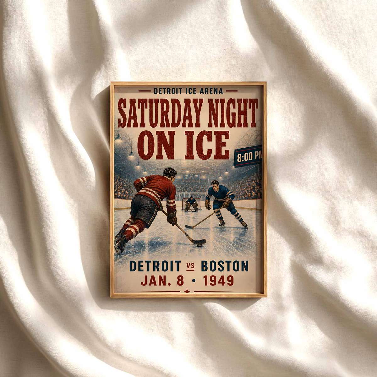 Boston Bruins Hockey – Detroit Red Wings Vintage Hockey Poster hockey poster displayed as framed NHL-inspired wall art