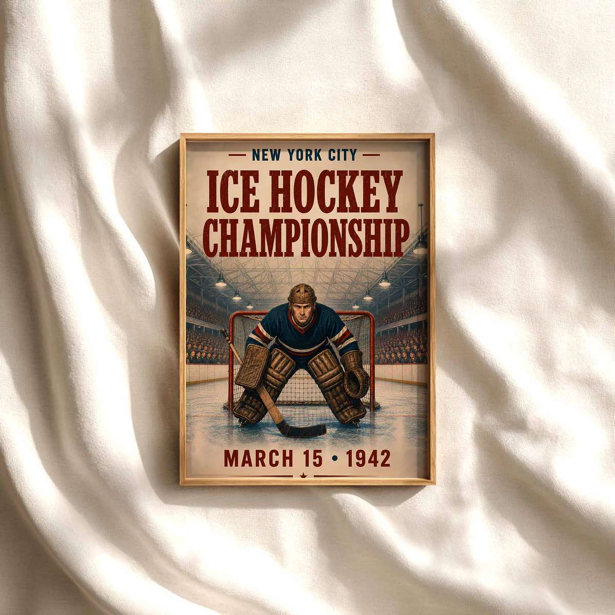 NHL Hockey Posters – NY Rangers Goalie, New York Rangers Wall Art hockey poster displayed as framed NHL-inspired wall art