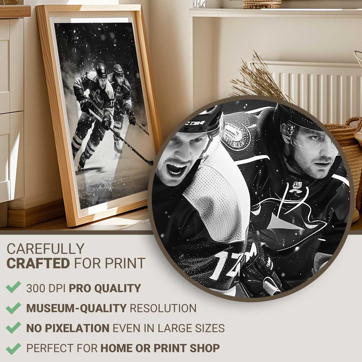 Close-up of a personalised hockey puck with engraved name and team logo resting on textured ice