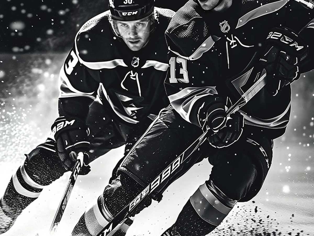 Silhouettes of two hockey players in mid-contact, their sticks and bodies forming dynamic diagonal lines