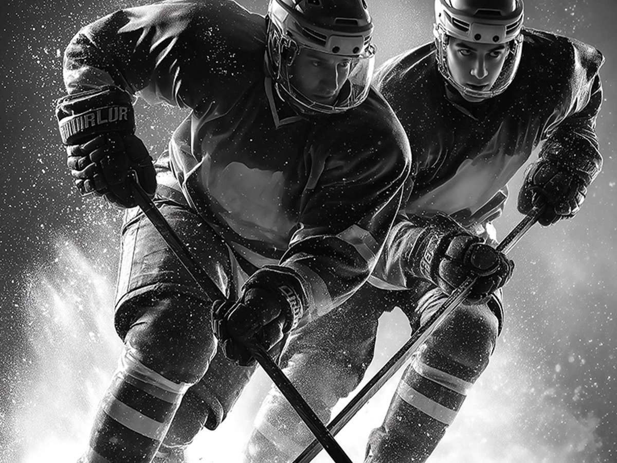 Retro hockey team crest printed in subdued inks with slight misregistration and edge wear
