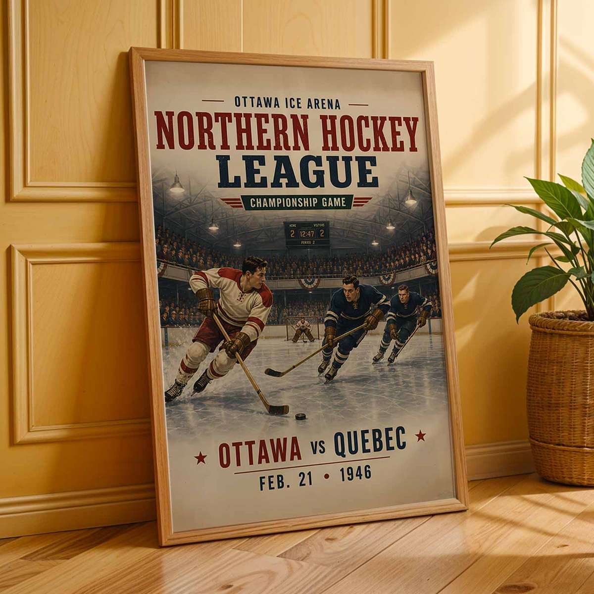 Gallery-style Colorado avalanche - Vintage 1946 Ottawa vs Quebec Championship . hockey artwork with vintage details for gallery wall decor