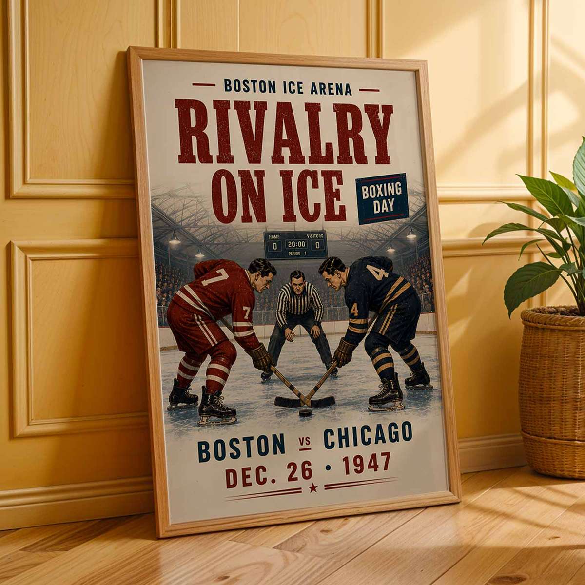 Artistic view of Ice hockey - Vintage 1947 Boston vs Chicago Boxing Day Match. boston showing ice-rink action and fast skating detail for bedroom decor