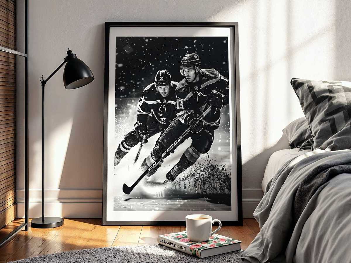 Vintage action shot of Bobby Orr carrying the puck through traffic past defenders