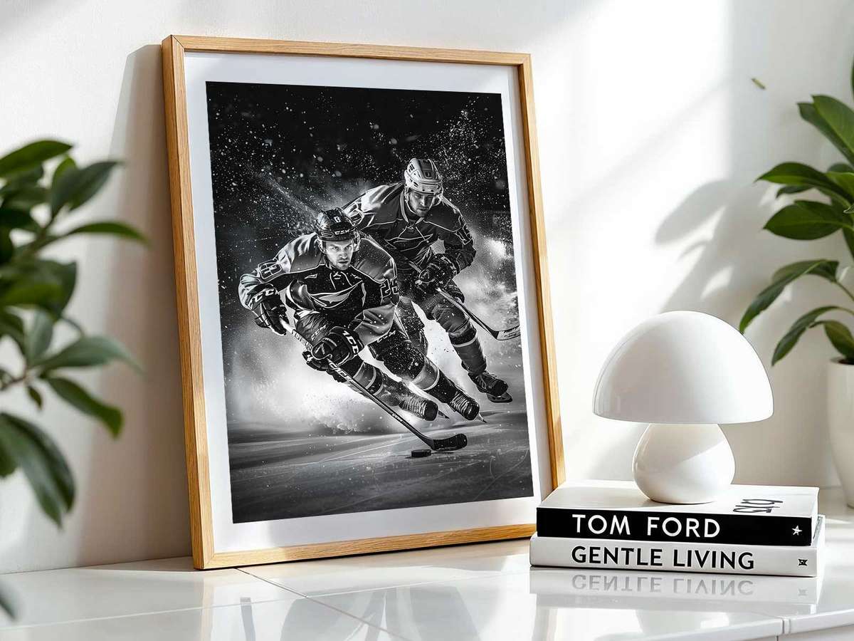 Artistic view of What Gives a Vintage Hockey Its Distinctive Depth? showing competitive ice action and bold visual energy for gallery wall decor